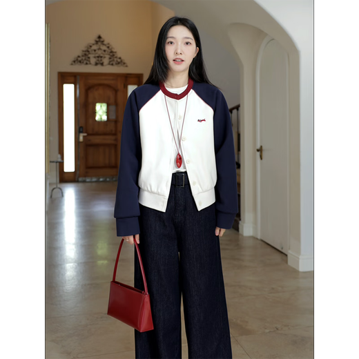 Guo Jiujius retro kontrastierender gestickter Ragdoll -Himmel -Baumwolljacke Wolljacke Scimitar Jeans G924T17152 Set (Marine Blue Cobbler + Jeans) l All Size