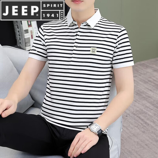 JEEP SPIRIT男士条纹纯棉短袖t恤男polo打底衫夏季薄款休闲体恤翻领上衣潮流 QY-753灰白条纹 XL 【130-145斤】