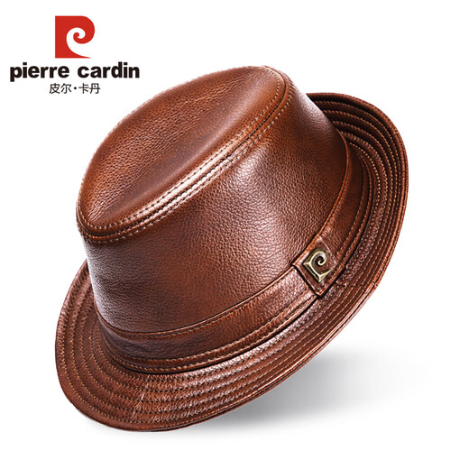 Pierre Cardin Genuine Leather Hat Men's Autumn and Winter First Layer Cowhide Casual Dad Jazz Hat Short Brim Small Hat Outdoor Outing Black Medium XL (57-58cm)