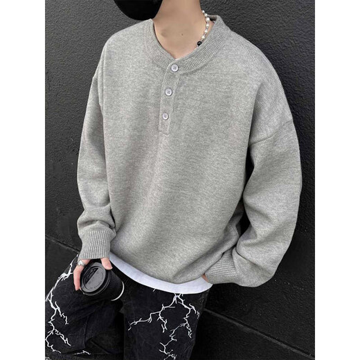 Katuchi American Henry collar sweater for men in spring and autumn, high-end lazy style bottoming sweater, trendy cleanfit inner wear, light gray L