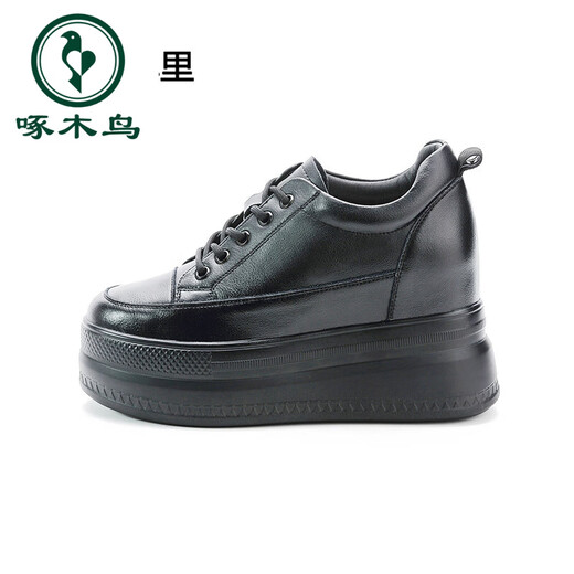 Woodpecker genuine leather inner height increasing women's shoes 2025 autumn and winter height increasing slimming thick sole platform small black shoes versatile wedge casual shoes black single lining 36