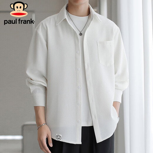 大嘴猴（paul frank）衬衫男士春季休闲长袖衬衣男宽松华夫格百搭上衣外套 白色 M 