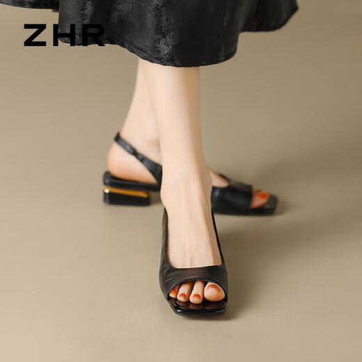 ZHR粗跟凉鞋女优雅方头懒人一脚蹬女鞋经典鱼嘴露趾 黑色 36