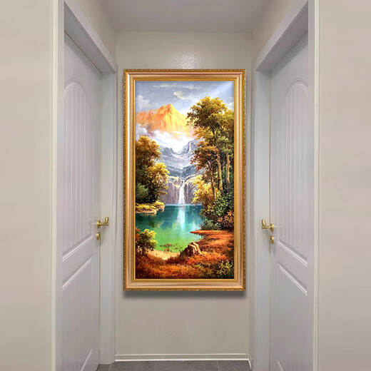 帝旗 手绘山水油画聚宝盆金山装饰画欧式玄关装饰画走廊过道挂画风景 692金实木框 90X180