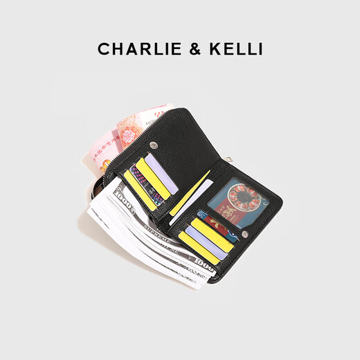 CHARLIE & KELLI官网 CK轻奢包包女包拉链短款多卡位女士2025新款卡包零钱包 黑色