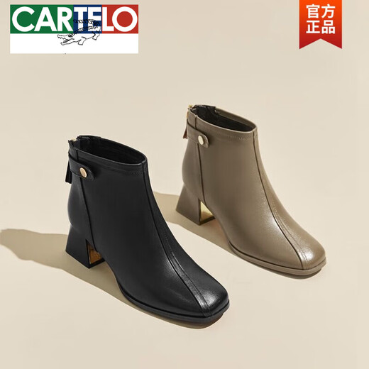 CARTELO genuine leather short boots for women in autumn and winter high-heeled leather shoes square toe mid-heeled cotton shoes 2025 new plus velvet thick heel Martin boots 36 black (plus velvet)