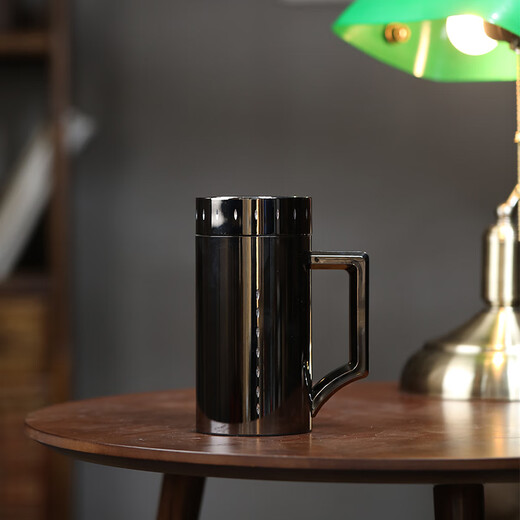 檀轩阁紫砂茶杯保温杯男士款高档紫砂杯送父亲老师礼品水杯定制LOGO刻字 钛金色手把杯（皮盒装）420ml