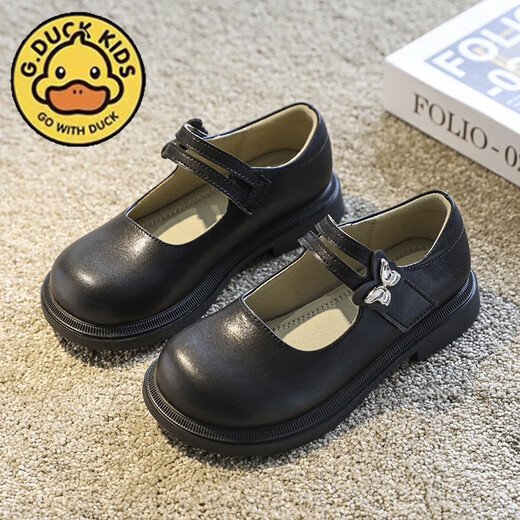 G.duck Little Yellow Duck Girls' Small Leather Shoes Spring and Autumn New Product 2025 Black British Style Princess Shoes Soft Sole Children's Performance Shoes JJL-Black C8062 Size 35 (Inner Length 22.5cm)