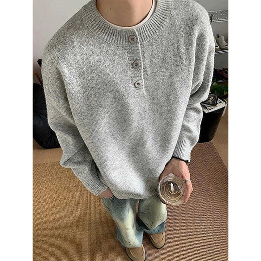 Katuchi American Henry collar sweater for men in spring and autumn, high-end lazy style bottoming sweater, trendy cleanfit inner wear, light gray L