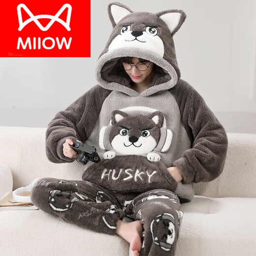 
Catman (MiiOW) coral velvet pajamas for men autumn and winter style plus velvet thickened teenagers big children large size winter home clothing set XQ 9926 chinchilla M is x men's style L (suitable for height of about 170c,