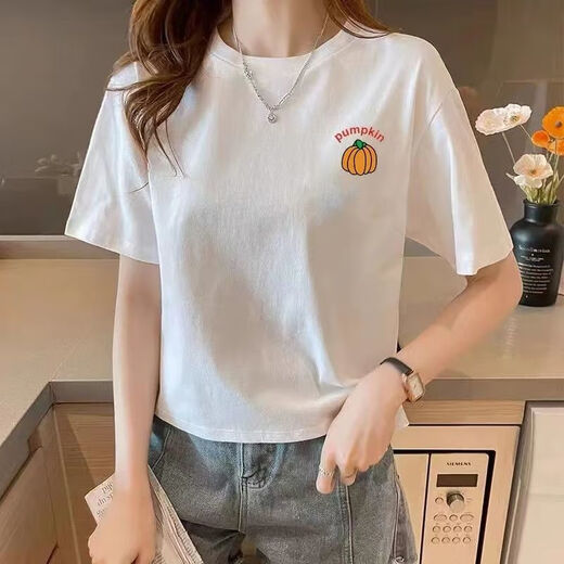 Shukaren Cotton Kurzschläfe kurzes Design Rundes Hals weißes T-Shirt für Frauen Mode Neue gedruckte lose schlanke Taille Top White-1047 S 75-90jin [Jin ist gleich 0,5 kg]