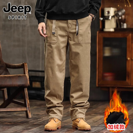 JEEP SPIRIT休闲裤男士冬季加厚阔腿工装裤一体绒直筒运动长裤子男款 695土黄【一体绒】 XL
