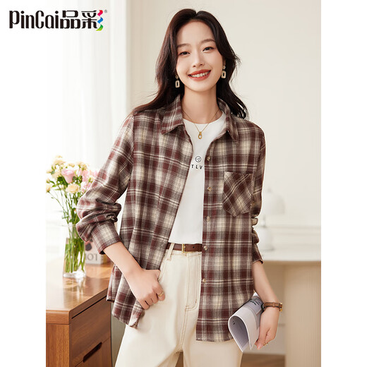 PinCai Plaid Long Sleeve Shirt Women's Spring and Autumn Style Loose Jacket Retro All-match Shirt P143C2009