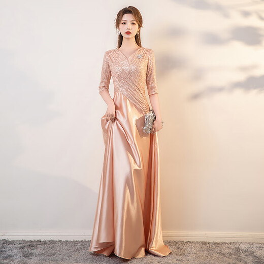 Weixuan high-end annual meeting female host dress host dress 2024 new evening dress long banquet birthday party champagne color 3XL130Jin Jin equals 0.5 kg one size