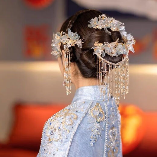 Tongrubi bridal hair accessories Xiuhe clothing headdress wedding bride tassel step shake phoenix crown Chinese wedding dressing gown elegant bow headdress set + ear clip style丨 No tassels