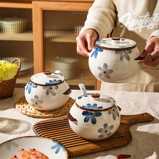Sheli Molan Japanische Doppelohr -Keramik -Schmalz -Dosen für Haushaltöl und würzige Hot Pot Kitchen -Gewürzdosen mittelgroß 880 ml mit Deckel mit Löffel