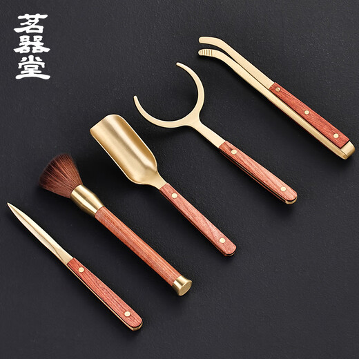 Mingqitang Brass Solid Wood Tea Ceremony Six Gentlemen Set Tea Clips Pot Pen Tea Fork Tea Spoon Tea Knife Tea Making Tools Tea Accessories Copper Wood Tea Clip (Ebony)