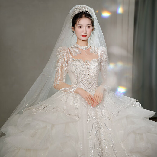 Red makeup wedding dress bride 2025 new long-sleeved heavy industry ceremony yarn Korean style fugitive princess welcome yarn main yarn off-white floor-length style S