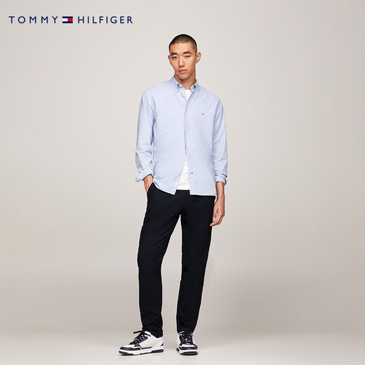 Tommy Hilfiger秋冬男装经典1985纯棉牛津纺小格纹商务休闲长袖衬衫外套 蓝白格纹0MT S （推荐：120-135斤）