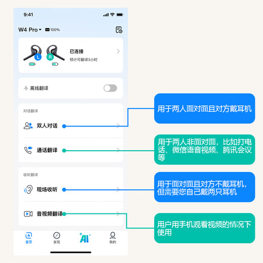Time and space pot W4pro simultaneous translation headset audio and video real-time phone translation transcribing meeting minutes video speech foreign language translator black