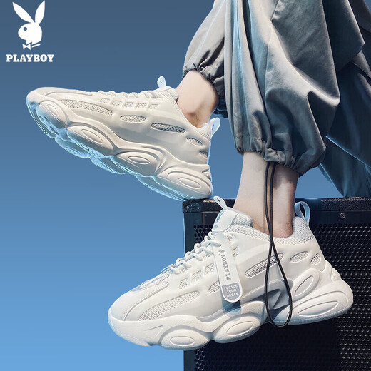 Playboy (PLAYBOY) daddy shoes men's shoes 2025 summer shoes men's casual shoes men's thick sole height-enhancing breathable sports shoes white 42
