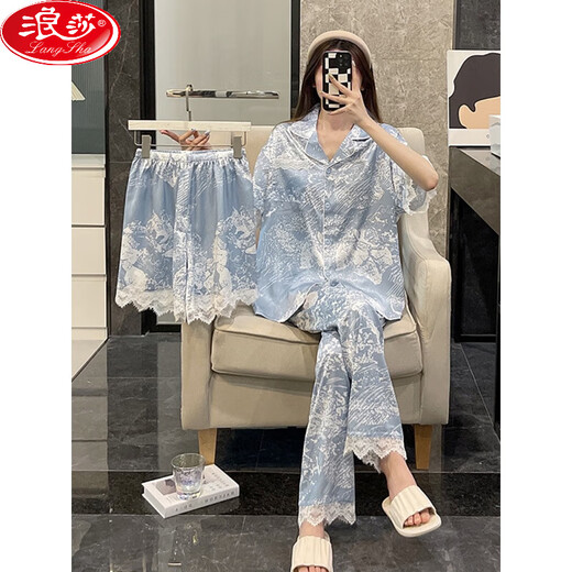 Langsha Ice Silk Pyjamas Frauen Sommer dreiteiliger Set kurzärmelig dünnes großer Eis Silk Sommer Internet Promi Wind Sky Blue Home Kleidung LT-3888 Rabbit-Three-Piece Set m
