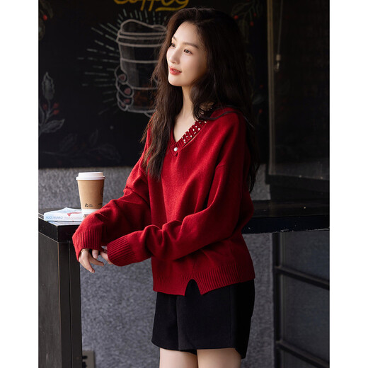 Demana autumn and winter passionate French big sister V-neck sweater temperament beaded sweater women's top Chinese red XL