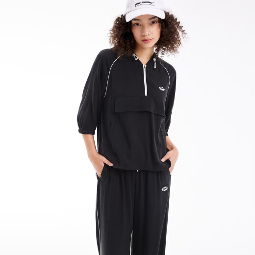 URLAZH夏季新款铜氨轻运动半拉链上衣套头衫连帽外套女 黑色 XS