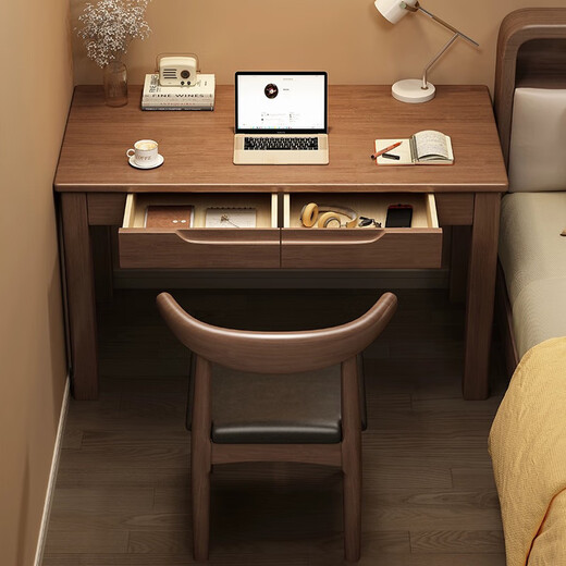 Feng Ye Qingqing solid wood desk home modern minimalist office desk computer desk bedroom study table small apartment student writing desk walnut color desk + horn chair ready in stock 100cm*55cm*75cm double drawers