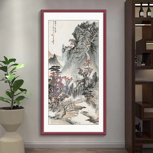 Manyu Qingsi ink painting landscape painting entrance door facing the door entrance decorative painting corridor aisle wall mural vertical hanging painting without punching GB116 Zheng Chang-Mangroves and Green Mountains 73*143cm red walnut wood grain aluminum frame + flash silver cloth