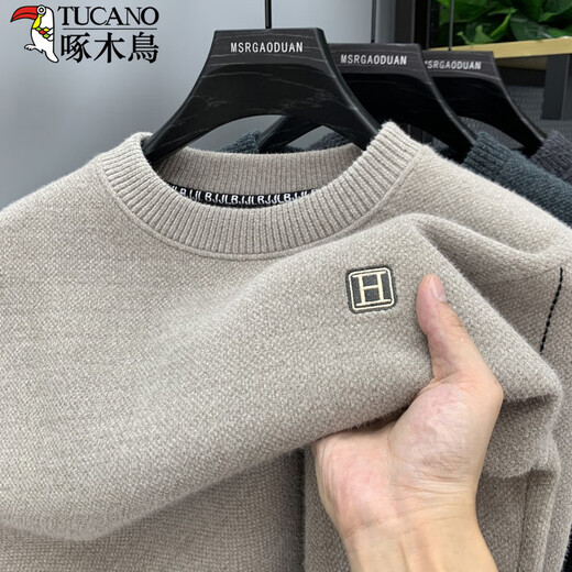 啄木鸟高级感圆领毛衣男秋冬季加绒加厚一体绒保暖打底衫套头针织衫衣服 深灰色【加绒加厚】 4XL【建议160-180斤】