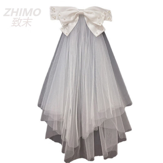 ZHIMO Proposal Veil Registration Small Simple Bride Main Wedding Dress Bow French White E Style Three Pieces Floating Nail Beads Plain Gauze 60cm-80cm