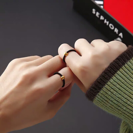 DR-FLVVS 18K gold small gold bean ring 999 gold gold transfer beads for male and female couples braided red rope shake 0.03g gold beads + black rope