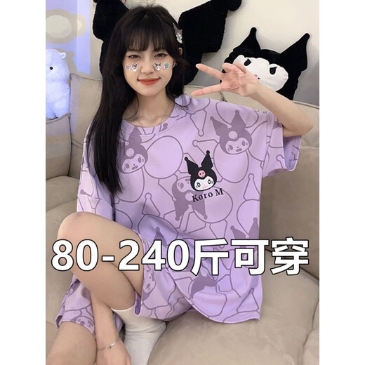 鎏蔓栗大码200斤睡衣夏季少女士短袖短裤夏款甜美可爱胖mm家居服加大号 681紫兔 4XL码175-210斤加肥大码