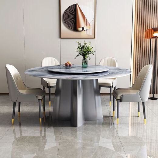 Huaiyin Rock Platte Esstisch mit Plattentisch Haushalt kleine Wohnung Superkristall runder Tisch Moderner einfacher heller Esstisch und Stuhlkombination 880# Kristall Runde Tisch + 6 Beller/Weltraumstuhl 75cm 130*130*