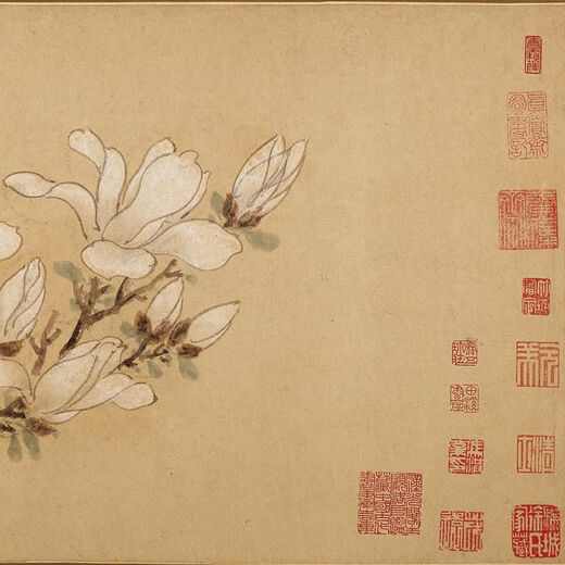 溥畔明文徵明白玉兰图卷花鸟画微喷仿古复制品新中式装饰画卷轴挂画 明文征明白玉兰图卷28X256厘米1 专用宣纸喷绘乳白色横轴装裱