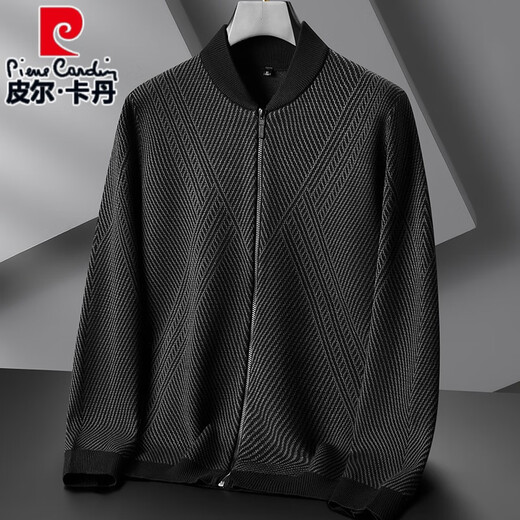 皮尔卡丹（pierre cardin）棒球领开衫拉链毛线衣男士春秋季中老年薄款休闲上衣胖子针织外套 深灰色 XL