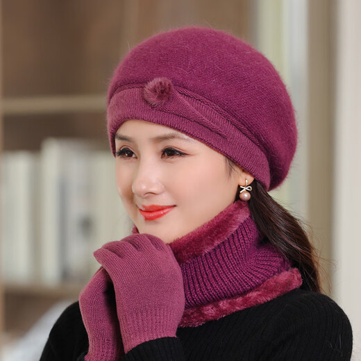 Hengyuanxiang woolen hat for women with velvet winter ear protection for middle-aged and elderly people with neck scarf thickened cold-proof knitted hat 2341 beret-black separate hat only hair hat