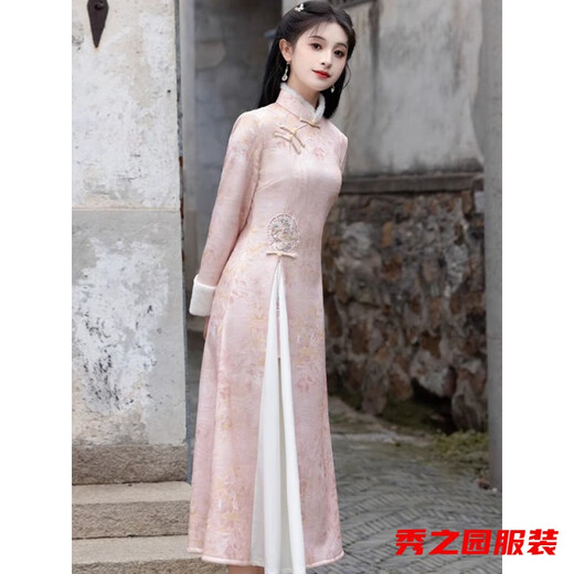 Verse Verse pink cheongsam autumn and winter long-sleeved velvet improved young girl new Chinese style Ao Dai national style dress long skirt Pink Chang'e Fairy-cheongsam + accessories velvet M 165