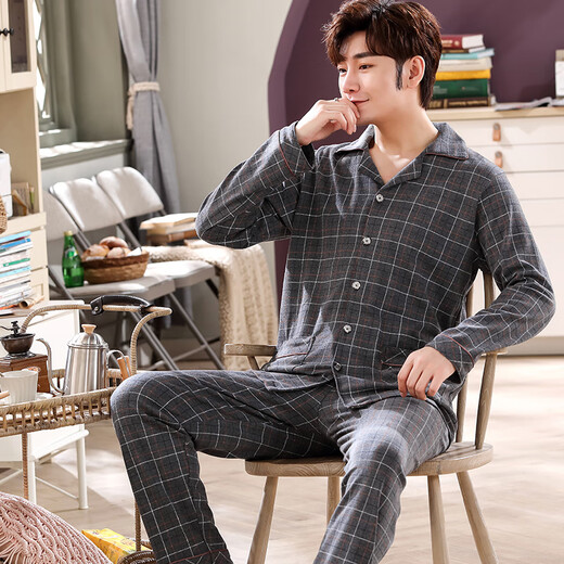 Hengyuanxiang weicher Pyjamas für Männer reines Baumwolle, dünner Sommer atmungsaktiv, kann außen getragen werden, sommerlich langärmelige Hauskleidung 16873 170/l (empfohlen 100-120jin [Jin gleich 0,5 kg]))