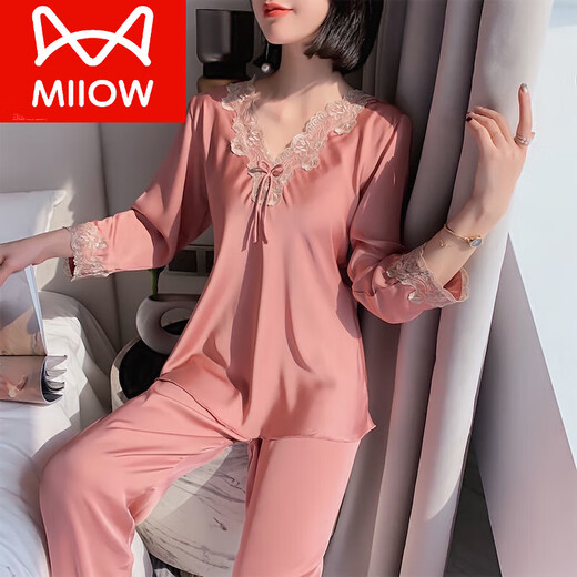猫人（MiiOW）高档真丝睡衣女两件套桑蚕丝绸2024年新款家居服套装春夏薄款妈妈 长 袖9856大红套 XL 【115-130斤】