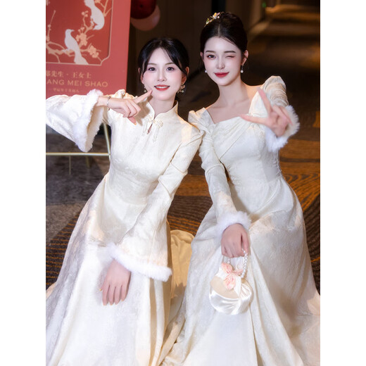 创京懿选伴娘服秋冬款中式2024新款姐妹团晚礼服裙女宴会气质平时可穿冬季 香槟色A中式两件套 襟1098 L