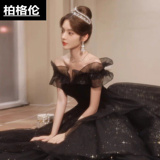 Berggren black one-shoulder evening dress for women high-end light luxury niche adult ceremony tutu skirt dinner hosting skills test black S