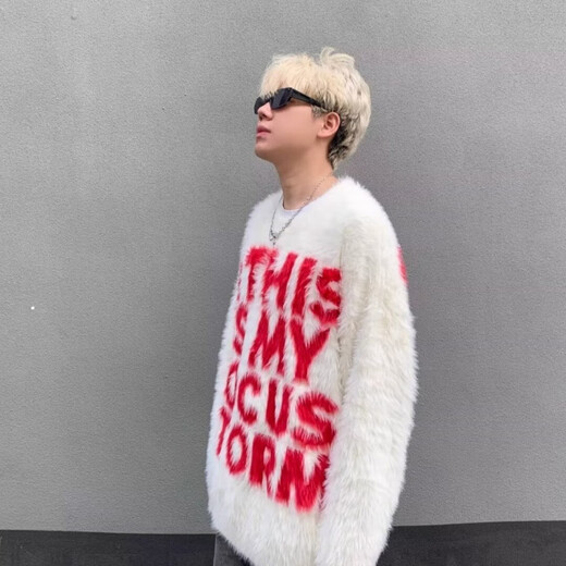 Finidongjue alphabet printed couple sweater autumn and winter American fashion brand loose pullover knitted sweater lazy style jacket men black A761 L