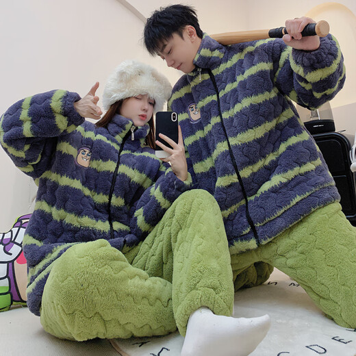 Mengdong three-layer quilted ultra-thick coral velvet Buzz Lightyear couple's pajamas winter plus velvet thickening men's and women's home wear set thick three-layer quilted 6815# brown striped Woody men's style (XXL)