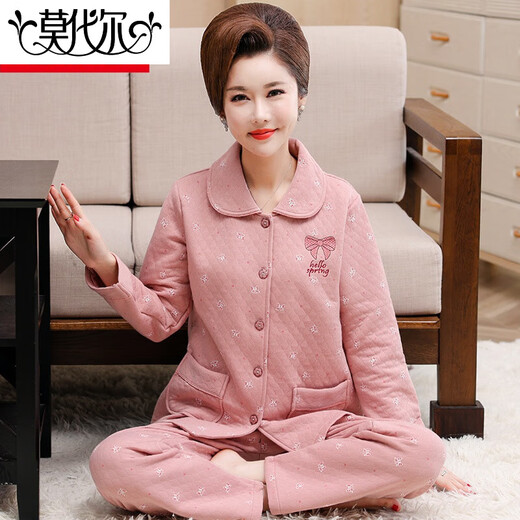 Modal autumn and winter middle-aged mother air cotton sandwich pajamas for women thickened pure cotton long-sleeved middle-aged and elderly thin quilted suit W12101 XL 120-140Jin Jin equal to 0.5 kg wear