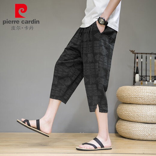 Pierre Cardin Cropped Hosen Herren Sommer Dünne Eis Seidenhose Lose Baumwollwäsche Strand Shorts Weitbein Harem Hosen Leinen Casual Hosen 722 Grau XL