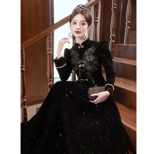 Maxbeth Black Evening Kleid für Frauen leichte Luxus Nische High-End-Bankett High-End New Chinese Style Annual Meeting Moderator Kunstprüfungsrock Herbst und Winter Black L.