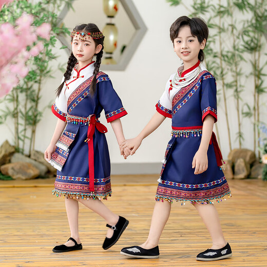 Meilekai 3. März Ethnische Kleidung Kinder Guangxi Zhuang Ethnische Minderheit Kleidung Hani Girls Yao und Miao Boy 9215 Top + Tibetan Robe (gleicher Stil für Männer und Frauen) 90 (Größe Standard)