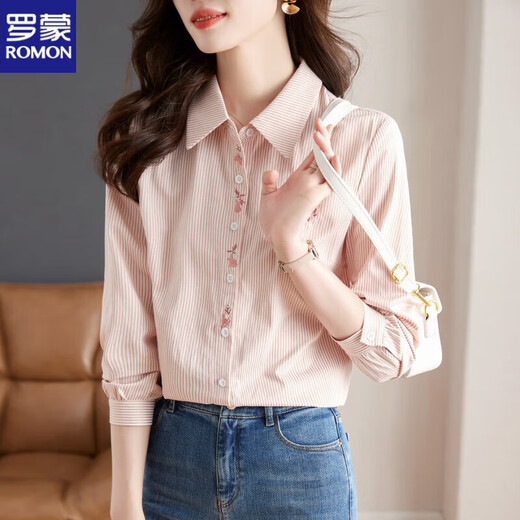 ROMON cotton striped embroidered shirt women's single-breasted shirt 2026 autumn new loose and versatile top pink L (recommended 100-110Jin Jin equals 0.5 kg)